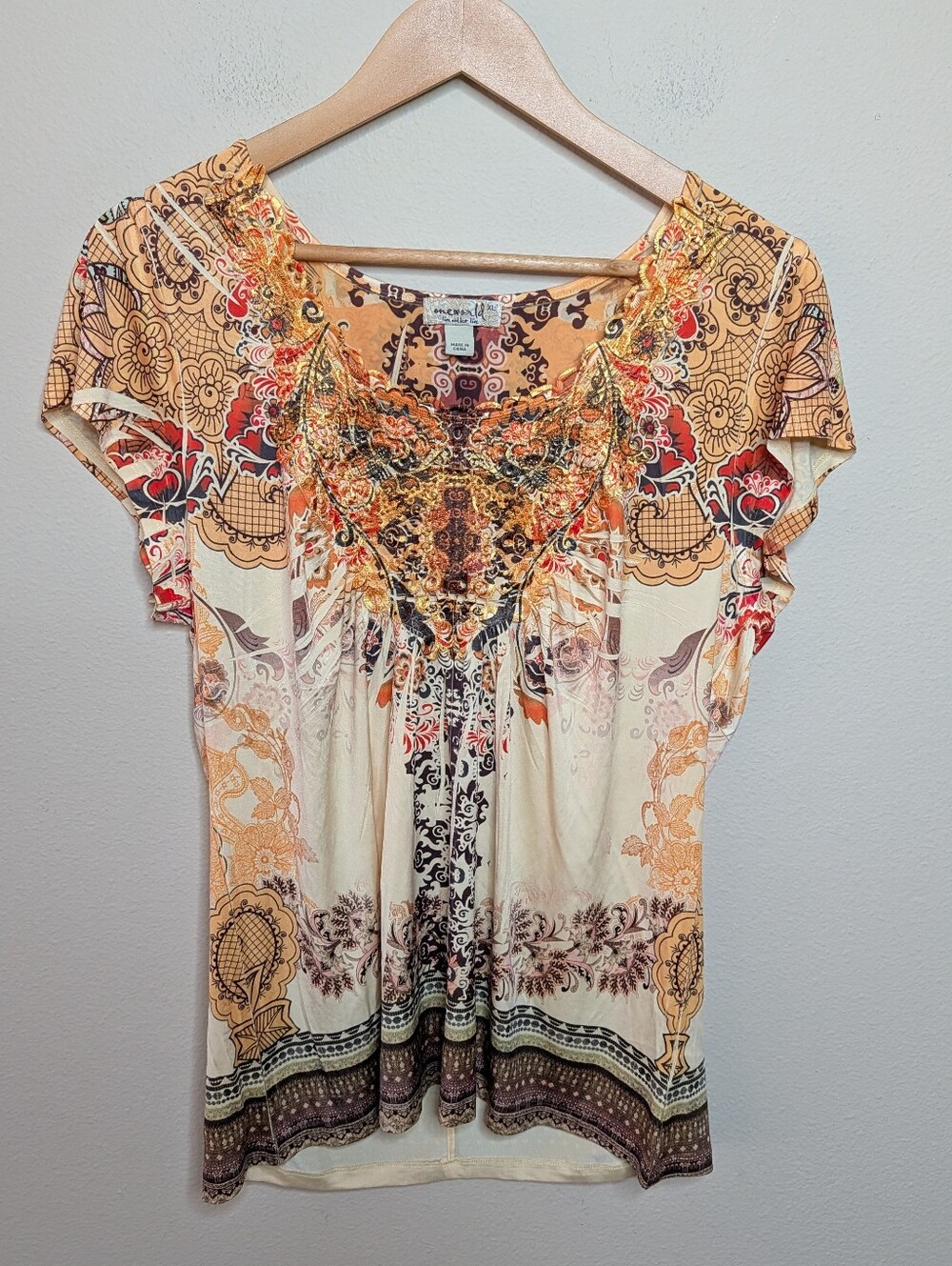Oneworld Live and Let Live Boho Embellished Top Boat Neck XL